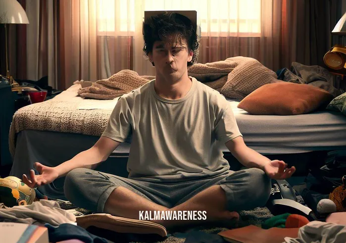 can you meditate in bed _ Image: A person sitting cross-legged on the chaotic bed, surrounded by clutter and distractions, looking stressed.Image description: Amid the mess, the individual attempts to meditate but struggles with the bed