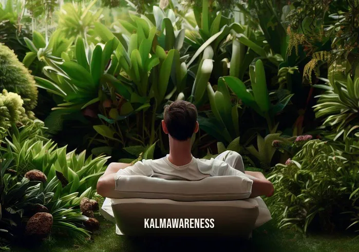 can you meditate while lying down _ Image: The person has shifted to a garden, reclining on a comfortable outdoor lounger, surrounded by lush greenery, practicing meditation.Image description: A tranquil garden setting, the person reclining on a comfortable lounger, immersed in a peaceful meditative experience.