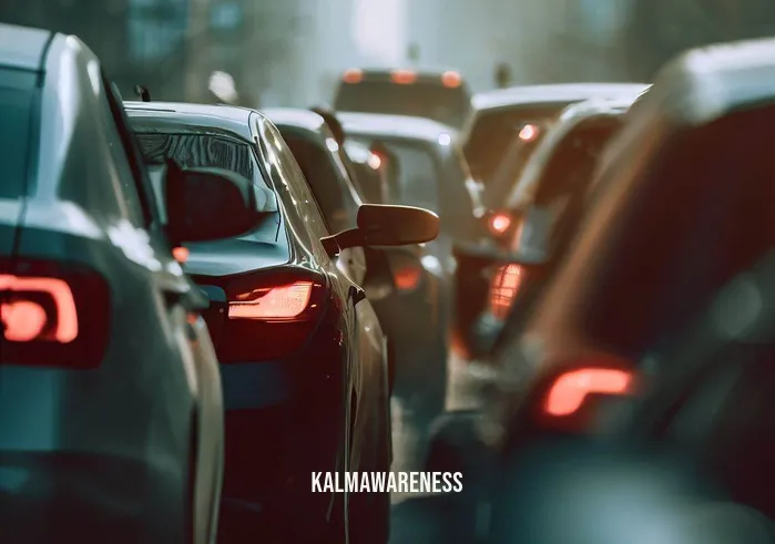 car meditation _ Image: A congested city street during rush hour, cars bumper-to-bumper, horns blaring.Image description: Frustrated commuters in their cars, tension visible on their faces as they inch forward.