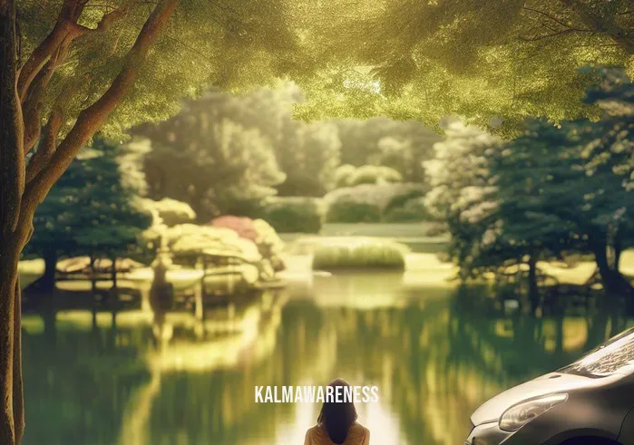 car meditation _ Image: A serene park with a peaceful lake, surrounded by trees and birdsong.Image description: A woman sitting in her parked car near the tranquil scene, eyes closed, practicing deep breathing.