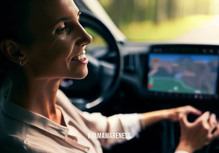 car meditation _ Image: The interior of a car with soft, calming music playing, the dashboard displaying a navigation system set to a scenic route.Image description: The same woman now with a gentle smile, hands resting on the steering wheel, feeling relaxed and at peace.
