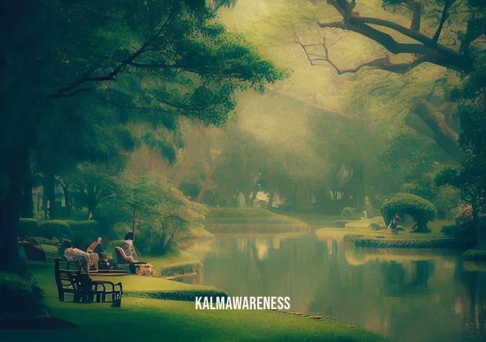 caroline cory meditation _ Image: A serene park with a few people sitting on benches, surrounded by lush greenery and a calm pond.Image description: As people find solace in the tranquil park, they begin to seek a moment of peace away from the chaos.