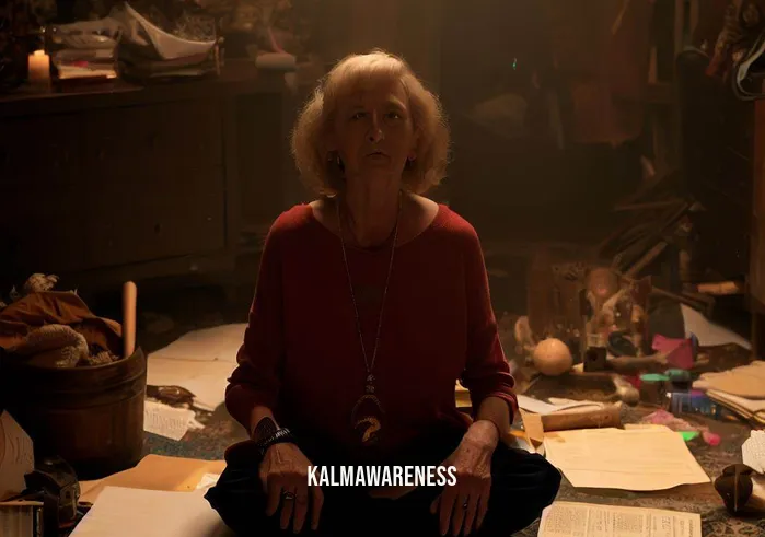 carolyn myss meditation _ Image: A cluttered, dimly lit room with a frustrated Carolyn Myss sitting amidst scattered papers and a disarray of meditation props.Image description: Carolyn Myss looks overwhelmed, surrounded by chaos, as she struggles to find her inner peace for meditation.