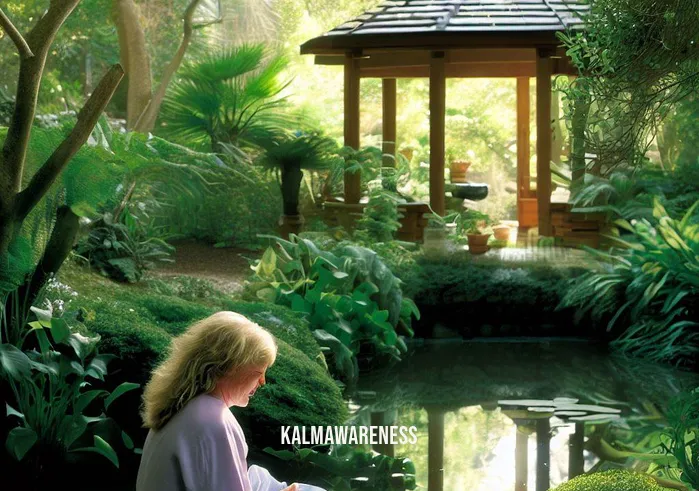 carolyn myss meditation _ Image: A serene outdoor setting with lush greenery, a tranquil pond, and a small meditation pavilion where Carolyn Myss is attempting to meditate.Image description: Carolyn Myss finds solace in nature, sitting in peaceful contemplation by the pond, taking the first steps toward resolving her inner turmoil.