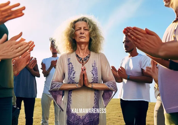 carolyn myss meditation _ Image: A group of diverse individuals joins Carolyn Myss in meditation under the open sky, forming a circle with their eyes closed and hands on their hearts.Image description: Carolyn Myss leads a meditation group, sharing her newfound peace and wisdom, creating a sense of unity and healing among participants.