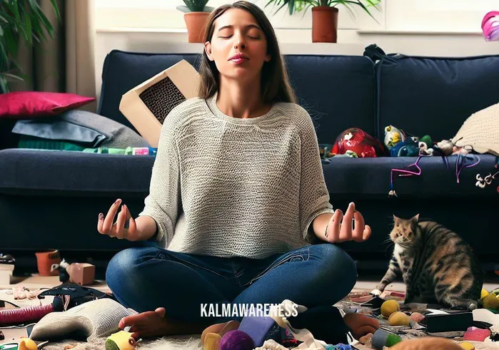 cat meditation _ Image: A cluttered living room filled with scattered cat toys, a knocked-over plant, and a stressed-out cat owner trying to meditate amidst the chaos.Image description: A frazzled cat owner sits cross-legged on the floor, surrounded by her rambunctious feline companion