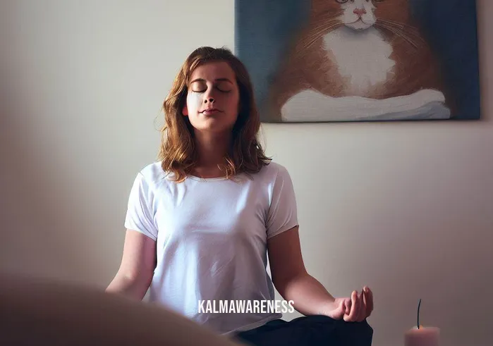 cat meditation _ Image: The cat owner, now with a determined expression, sets up a designated meditation space. She places a soft cushion, a calming diffuser, and a serene painting of a meditating cat on the wall.Image description: With newfound determination, the cat owner arranges a peaceful meditation nook in her home. A cushion sits invitingly on the floor, and a soothing atmosphere begins to take shape.