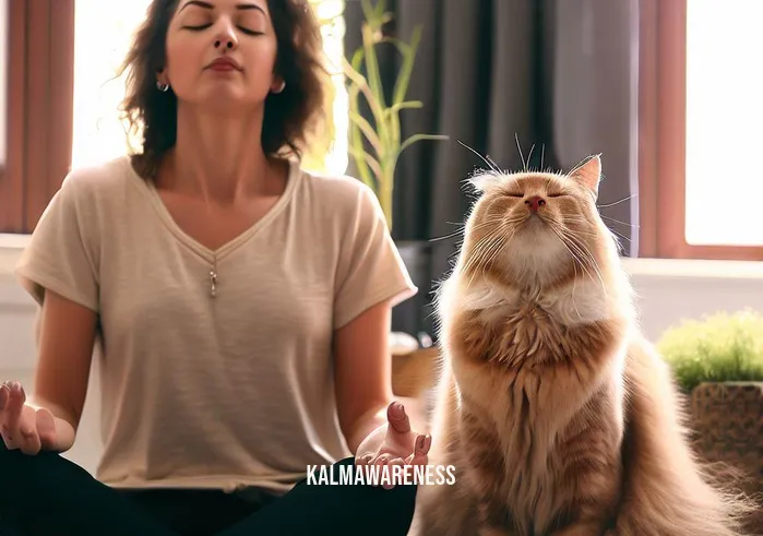 cat meditation _ Image: The cat owner and her furry friend sit in perfect harmony, their breathing synchronized. The once chaotic room now radiates tranquility as they meditate together.Image description: In a heartwarming moment, the cat owner and her feline companion find serenity together. Their breaths sync as they meditate side by side, and the room transforms into a peaceful oasis.