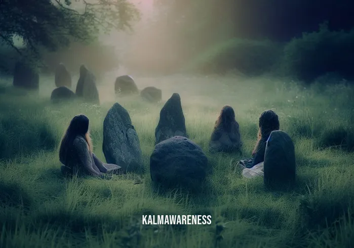 celtic guided meditation _ Image: A stone circle in a lush meadow, bathed in the soft glow of twilight.Image description: The group sitting in a circle within the stones, their faces relaxed in peaceful meditation.