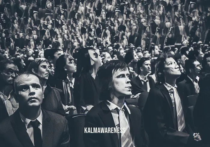 ceremony meditation _ Image: A crowded, noisy auditorium filled with people in formal attire, each looking stressed and anxious.Image description: The auditorium is packed with people in suits and dresses, the atmosphere tense and chaotic.