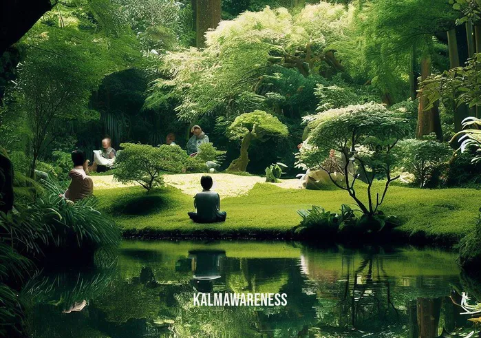 ceremony meditation _ Image: A serene garden with a tranquil pond, surrounded by lush greenery, where a few people are sitting in meditation, finding solace.Image description: In a peaceful garden, a tranquil pond reflects the lush greenery, and a few people find solace in seated meditation.