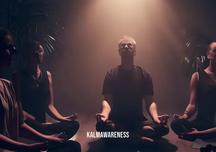 chakra clearing _ Image: A serene, dimly lit space with individuals sitting in a circle, eyes closed, and palms facing upward.Image description: The group is now in a peaceful meditation, seeking to align their energies and clear their chakras.
