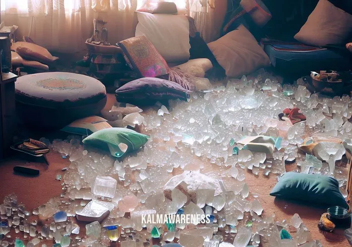 chakra crystal meditation _ Image: A cluttered and chaotic room with scattered crystals and disorganized meditation cushions. Image description: The room is in disarray, with crystals strewn about and no clear space for meditation.