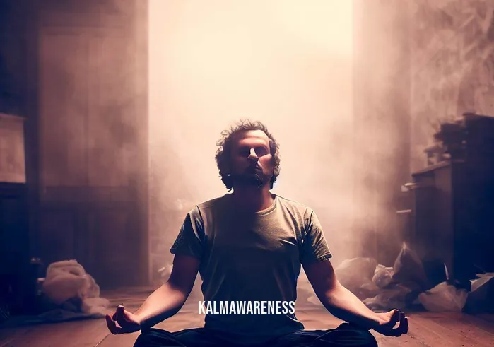 chakra mantra meditation _ Image: The same room, now with the person sitting cross-legged on a yoga mat, eyes closed, and hands resting on their knees in a relaxed posture. Image description: The individual begins their journey towards inner peace through meditation, finding a quiet space amidst chaos.