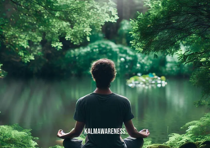 chakra mantra meditation _ Image: A serene natural setting by a tranquil lake, where the person is now meditating with focused intent, surrounded by lush greenery and the soothing sound of water. Image description: The meditator has found a peaceful refuge in nature, deepening their practice and connecting with their inner self.