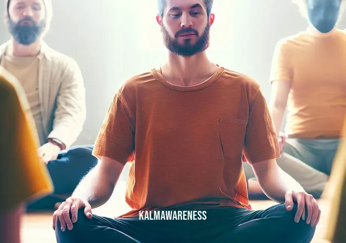 chakra mantra meditation _ Image: The person, now in a vibrant, well-lit room, is meditating in a group with others, sitting in a circle, their expressions calm and harmonious. Image description: The individual has joined a supportive meditation community, fostering a sense of unity and balance.
