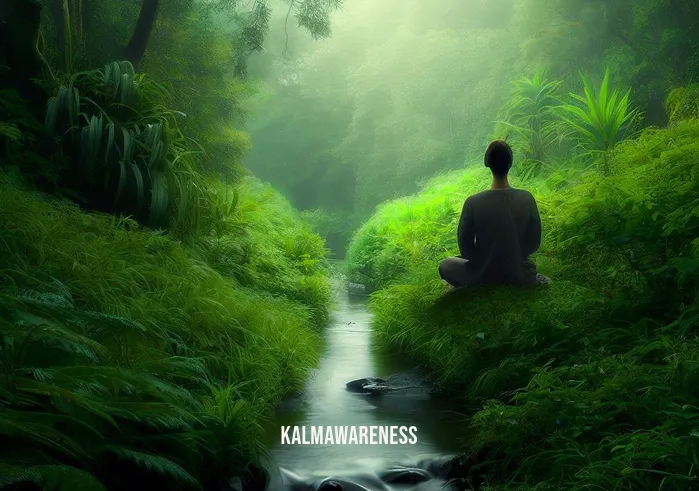 chakra meditation balancing & healing music _ Image: A serene natural setting, with the same person now sitting amidst lush greenery beside a tranquil stream, attempting to find inner peace.Image description: Amidst nature