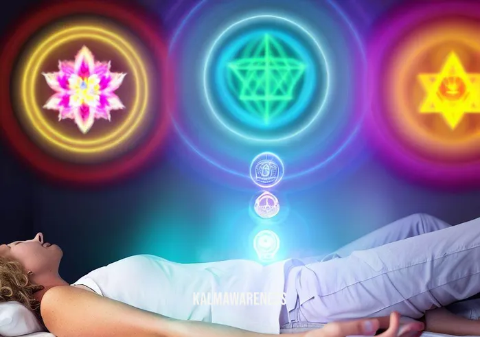 chakra meditation lying down _ Image: The person is now fully relaxed, practicing chakra meditation. Their body is in perfect alignment, and colorful chakra symbols hover above their body, signifying balance and energy flow.Image description: In the third image, the person lies down with perfect posture, arms resting comfortably at their sides. Vibrant chakra symbols float above them, indicating a state of harmony and balance in their energy centers.