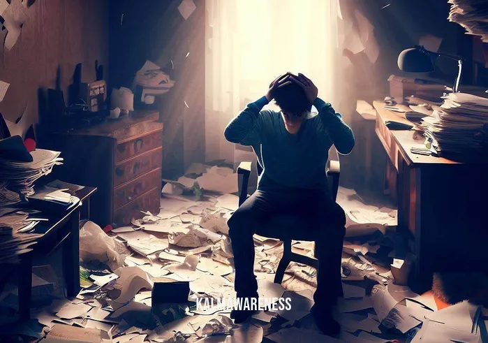 chakra meditations guided _ Image: A cluttered and chaotic room with scattered papers, a disheveled desk, and a stressed person sitting amidst the mess.Image description: A cluttered workspace symbolizing the chaos and stress in one