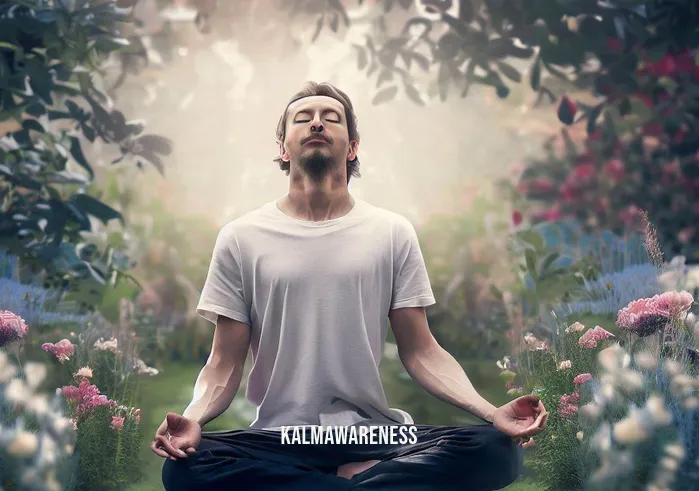 chakra meditations guided _ Image: A person in a cross-legged position, eyes closed, surrounded by a serene garden with blooming flowers and a gentle breeze.Image description: A person meditating in a peaceful garden, seeking calm and balance.