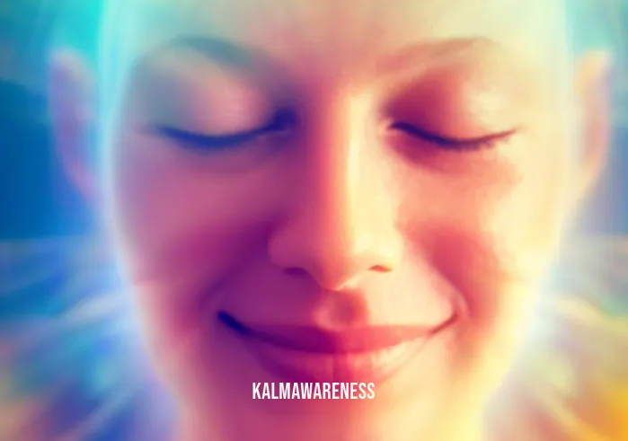 chakra meditations guided _ Image: A close-up of a smiling face, radiating tranquility and contentment, with a vibrant aura surrounding them.Image description: A serene and content expression on the meditator