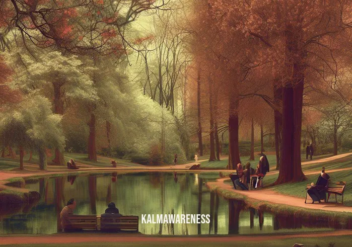 heart space meditation _ Image A serene park with a small pond, surrounded by trees in full bloom. A few people are sitting on benches, their faces displaying signs of worry and preoccupation.Image description As the setting transitions to a park, people are still burdened by their thoughts. Nature