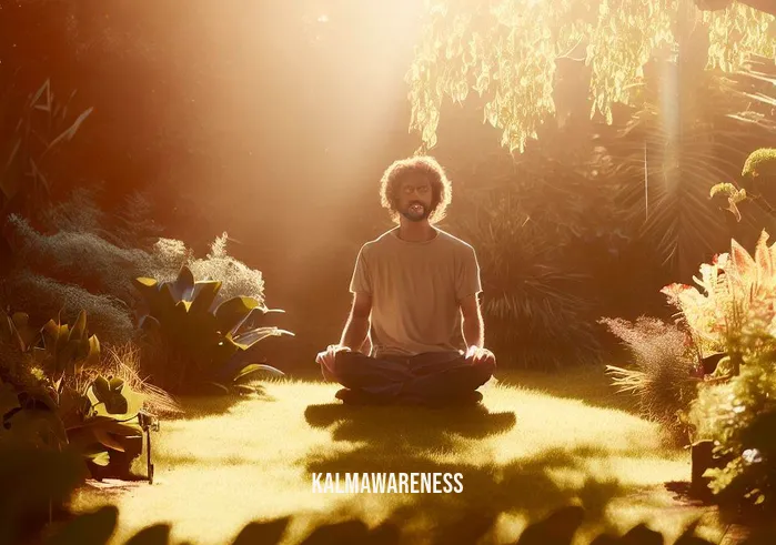 chakra reset meditation _ Image: A serene garden bathed in warm sunlight, featuring a person sitting cross-legged, looking tense and disconnected from nature.Image description: A person sits uneasily amidst a tranquil garden, disconnected from the peaceful surroundings, indicating the need for a chakra reset.