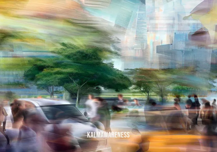 challenge meditation resilience _ Image 1: Image description: A chaotic urban scene, rush-hour traffic, and stressed commuters rushing past a park.