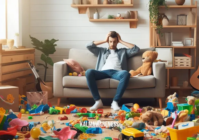 chime balls _ Image: A cluttered living room with scattered toys and a frustrated parent trying to relax.Image description: A disorganized room with toys strewn about. A parent sits on the couch looking exasperated.