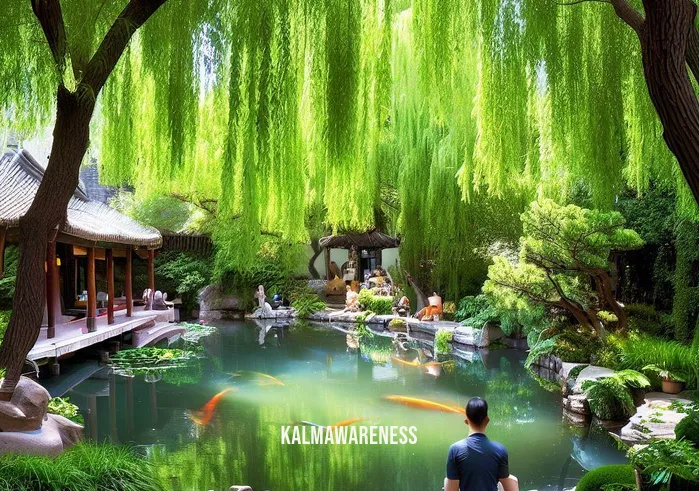 chinese meditations _ Image: A serene, traditional Chinese garden with a tranquil koi pond, surrounded by lush greenery and ancient stone pathways.Image description: In stark contrast to the urban chaos, this image presents a serene oasis of calm where people practice meditation, sitting cross-legged beside the pond and under the shade of graceful willow trees.