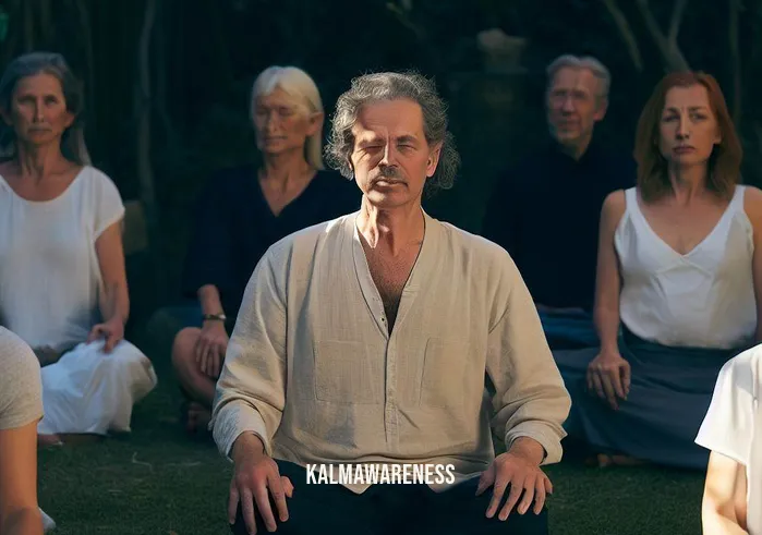 chinese meditations _ Image: A group of individuals, now visibly more relaxed, sit in a circle on the same garden grounds, their eyes closed in deep meditation.Image description: The group has found solace in their collective meditation practice, their expressions more peaceful as they immerse themselves in the art of Chinese meditation.