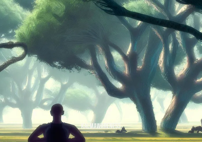 choiceless awareness meditation _ Image: A serene park scene with a person sitting cross-legged under a tree, but their mind seems scattered, overwhelmed by distractions.Image description: Amidst a tranquil park, an individual sits beneath a sprawling tree, yet their gaze is scattered, lost in the cacophony of thoughts.