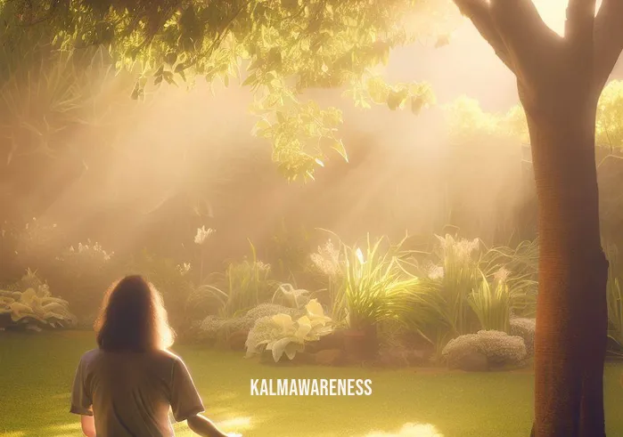 christ consciousness meditation _ Image: A serene garden bathed in soft sunlight, with a person sitting cross-legged under a tree, beginning their meditation practice.Image description: Seeking solace, the individual finds a tranquil garden, ready to embark on their journey towards Christ consciousness through meditation.