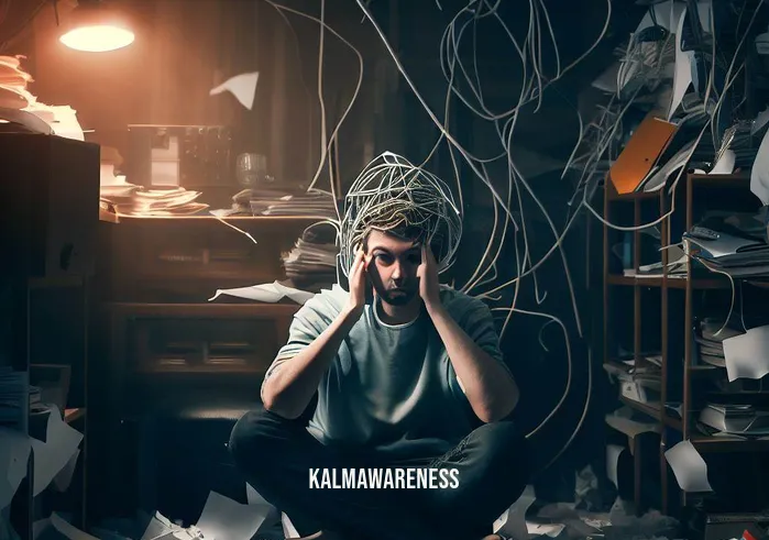 circle meditation _ Image: A cluttered and chaotic room with scattered papers, tangled headphones, and a person looking stressed and overwhelmed.Image description: A disorganized workspace with papers strewn about, headphones in a mess, and a person sitting with a worried expression amidst the chaos.