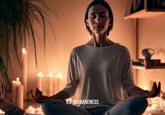 circle meditation _ Image: A serene meditation space with soft lighting, candles, and the person sitting comfortably in a meditative posture, beginning to find peace.Image description: A tranquil meditation environment with gentle lighting, flickering candles, and the person now seated in a relaxed meditative pose, starting to experience inner calm.