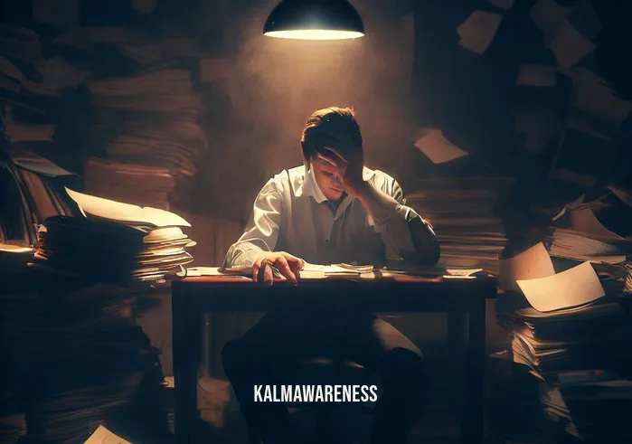 clairvoyance meditation _ Image: A cluttered, dimly lit room with a frustrated person surrounded by scattered papers and books.Image description: In a cluttered, dimly lit room, a person sits at a desk, surrounded by scattered papers and books, frustration evident on their face.