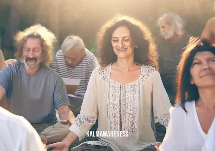 cleanse aura meditation _ Image: People in the same outdoor setting, now visibly relaxed, smiling, and sharing positive energy with one another.Image description: The group in a harmonious state, smiles exchanged, as the cleansing meditation brings a sense of peace and unity.