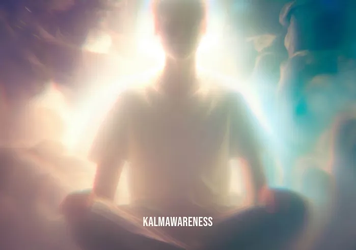 cleansing aura meditation _ Image: A person sitting cross-legged amidst the chaos, eyes closed, surrounded by a soft, glowing aura. Image description: Amidst the chaos, a person sits peacefully, their eyes closed, as a gentle, radiant aura begins to envelop them.