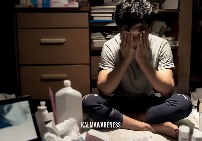 clear skin meditation _ Image: A stressed person with acne-prone skin, sitting in a cluttered and chaotic room, looking overwhelmed.Image description: A person in their twenties, with visibly troubled skin, sits cross-legged amidst scattered skincare products, tissues, and a laptop in a dimly lit room. Their face wears a look of frustration.