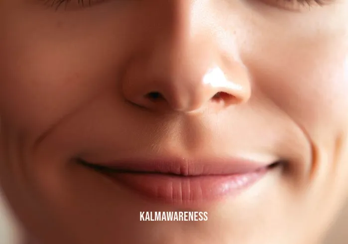 clear skin meditation _ Image: A close-up of the person practicing mindful breathing, their face relaxed, and a gentle smile forming.Image description: A close-up of the person