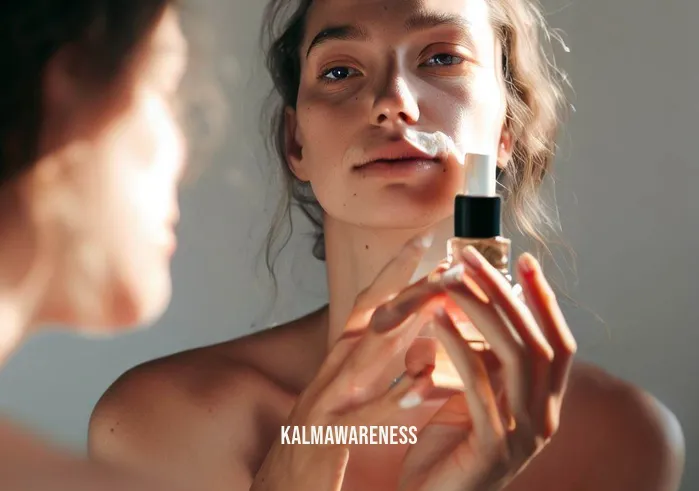 clear skin meditation _ Image: The person applying natural skincare products to their clear and glowing skin, with a look of satisfaction.Image description: With clear and glowing skin, the person now sits in front of a mirror, applying natural skincare products with care. Their reflection reveals a sense of satisfaction and confidence.