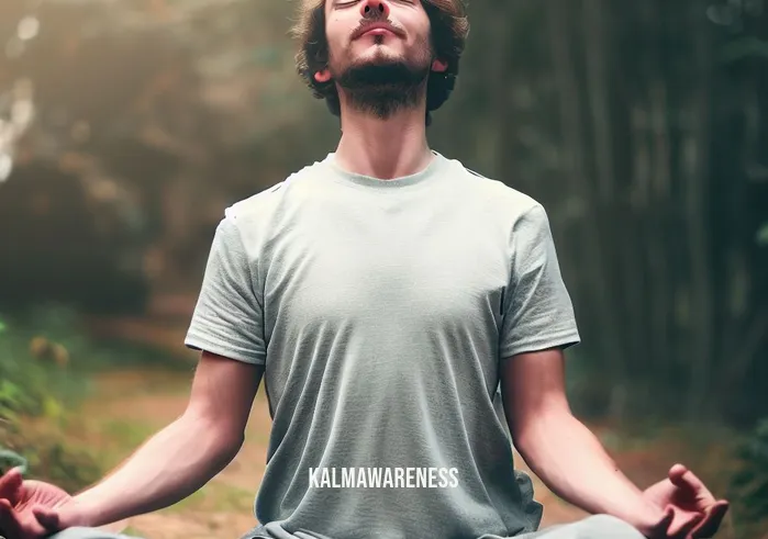 clearing energy meditation _ Image: The same person now in a serene outdoor setting, practicing deep breathing and meditation. Image description: They have moved outdoors to find tranquility and peace.