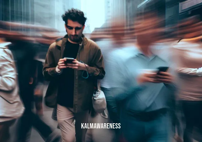 closing down your third eye _ Image: A bustling urban street with people rushing past, lost in their smartphones.Image description: Pedestrians on a busy city street, heads down, engrossed in their smartphones, oblivious to the world around them.