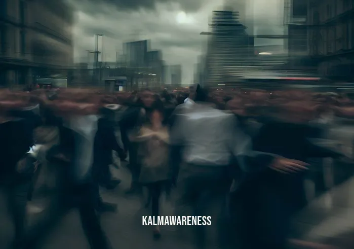 cloud meditation _ Image: A crowded city street filled with people rushing in all directions, under a gloomy, overcast sky.Image description: The hustle and bustle of city life, with stressed individuals hurrying about, oblivious to the world around them.
