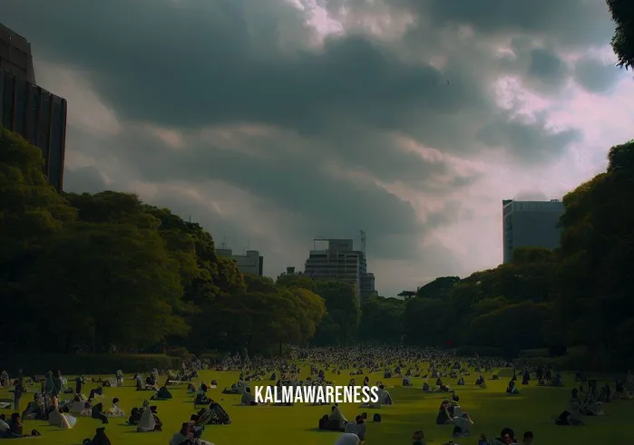 cloud meditation _ Image: A serene park, where people have started to gather, finding solace under the partly cloudy sky.Image description: The urban chaos begins to fade as people sit on lush green grass, seeking a moment of calm in the park.
