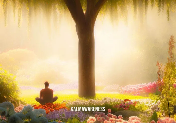 codependency meditation _ Image: A serene garden with a lone figure meditating under a tree, surrounded by vibrant flowers.Image description: A peaceful garden bathed in soft sunlight, resplendent with colorful blooms. In the center, a person sits cross-legged under a tall tree, deep in meditation, seeking solace and clarity.