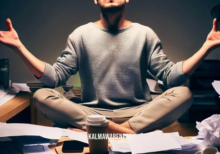 coffee meditation _ Image: A person sitting cross-legged on a chaotic desk, surrounded by scattered papers and unfinished work, holding a coffee cup with a frustrated expression.Image description: Amidst the chaos, a person attempts meditation on a cluttered desk with an expression of frustration, coffee in hand.