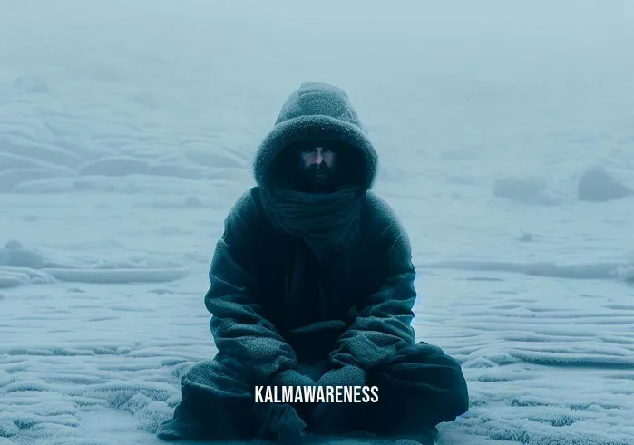 cold meditation _ Image: A snow-covered landscape with a person bundled up in heavy winter clothing, sitting cross-legged on a frosty mat, looking tense. Image description: A solitary figure braving the icy cold, attempting to meditate in a frozen wilderness.