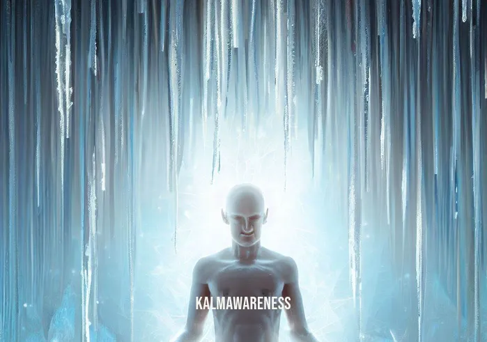 cold meditation _ Image: The meditator, now with a calm expression, surrounded by shimmering icicles, the landscape transformed into a serene, ethereal winter wonderland. Image description: As they delve deeper into meditation, the frigid surroundings transform into a breathtaking realm of frozen beauty.