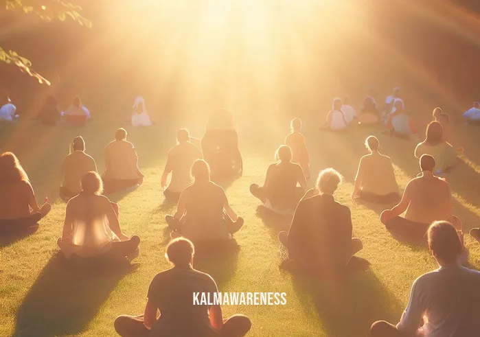 collective meditations _ Image: A serene outdoor setting with a large circle of people sitting cross-legged on a grassy meadow, bathed in the warm glow of the setting sun.Image description: Participants now sit more comfortably, their faces softened by the tranquil atmosphere, as they gradually begin to synchronize their breaths and thoughts.